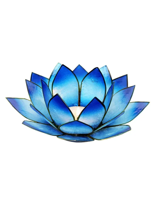 Teelichthalter - Capiz Muschel - Lotus Licht - Blau/Weiß mit Gold - ca. 13,5x5,5 cm