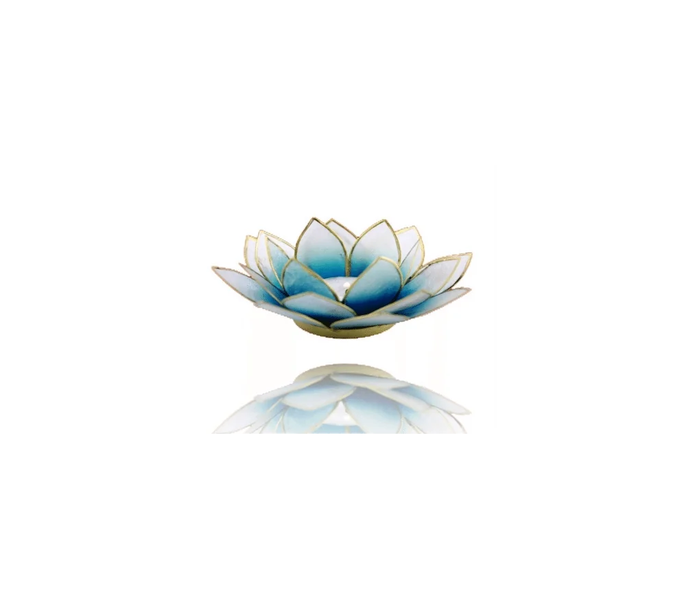 Teelichthalter - Capiz Muschel - Lotus Licht - Blau/Weiß mit Gold - ca. 13,5x5,5 cm