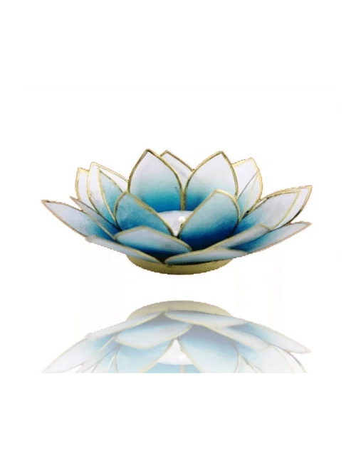 Teelichthalter - Capiz Muschel - Lotus Licht - Blau/Weiß mit Gold - ca. 13,5x5,5 cm