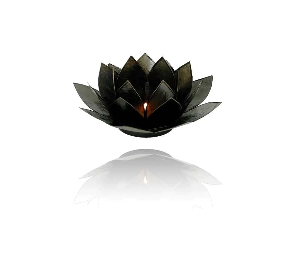 Teelichthalter - Capiz Muschel - Lotus Licht - Schwarz mit Gold - ca. 13,5x5,5 cm