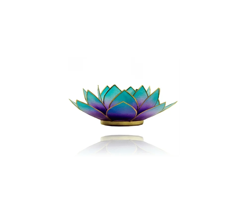 Teelichthalter - Capiz Muschel - Lotus Licht - Blau Verlauf mit Gold - ca. 13,5x5,5 cm