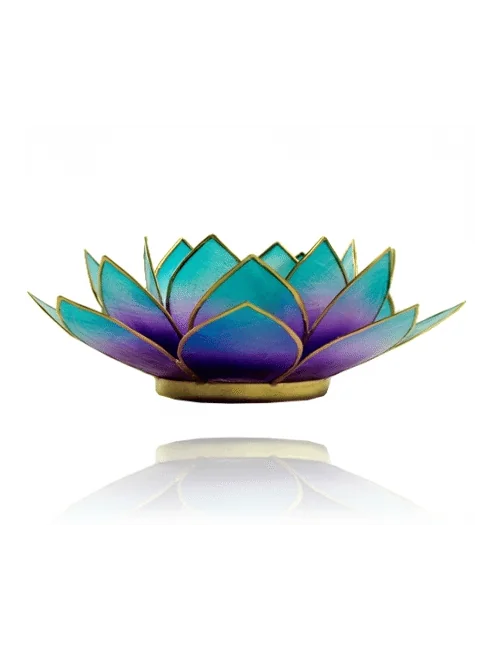 Teelichthalter - Capiz Muschel - Lotus Licht - Blau Verlauf mit Gold - ca. 13,5x5,5 cm