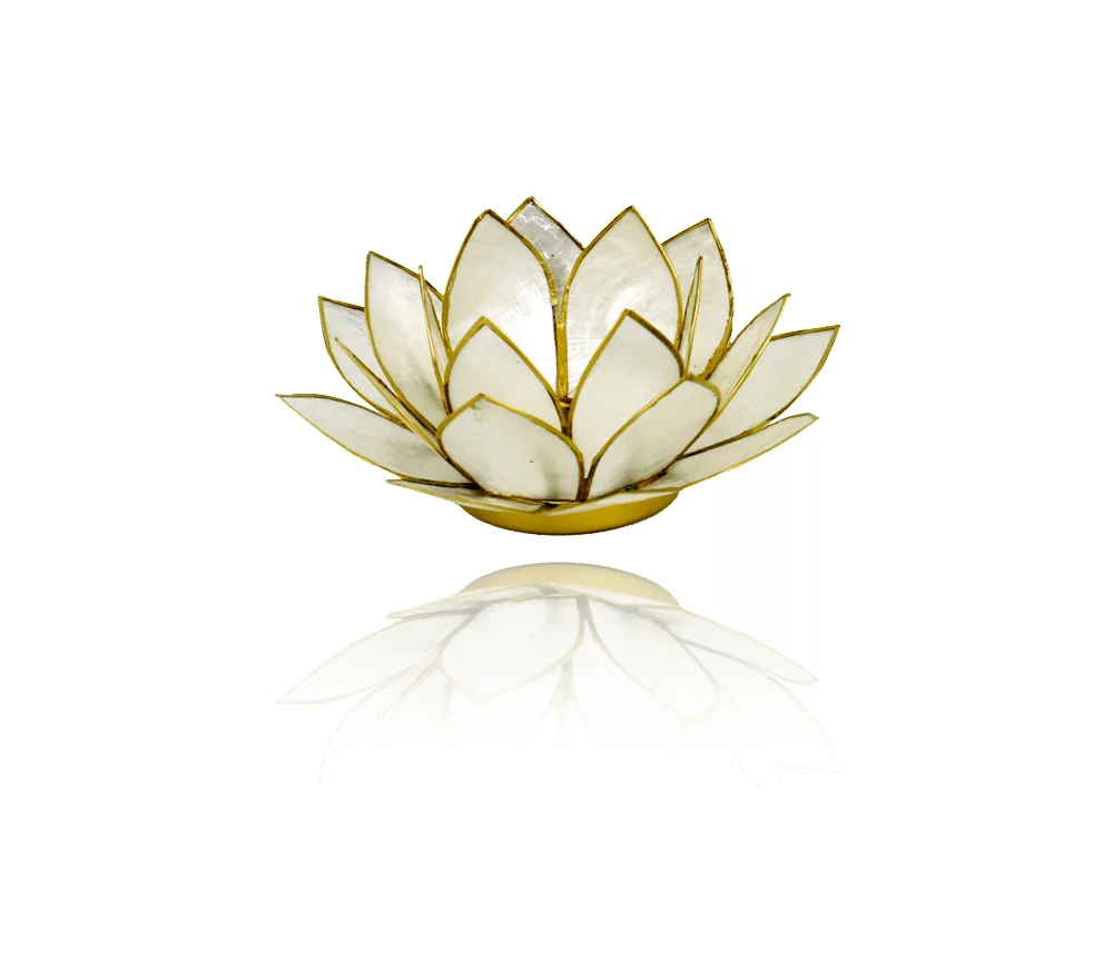 Teelichthalter - Capiz Muschel - Lotus Licht - Weiß mit Gold - ca. 13,5x5,5 cm