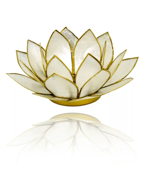 Teelichthalter - Capiz Muschel - Lotus Licht - Weiß mit Gold - ca. 13,5x5,5 cm