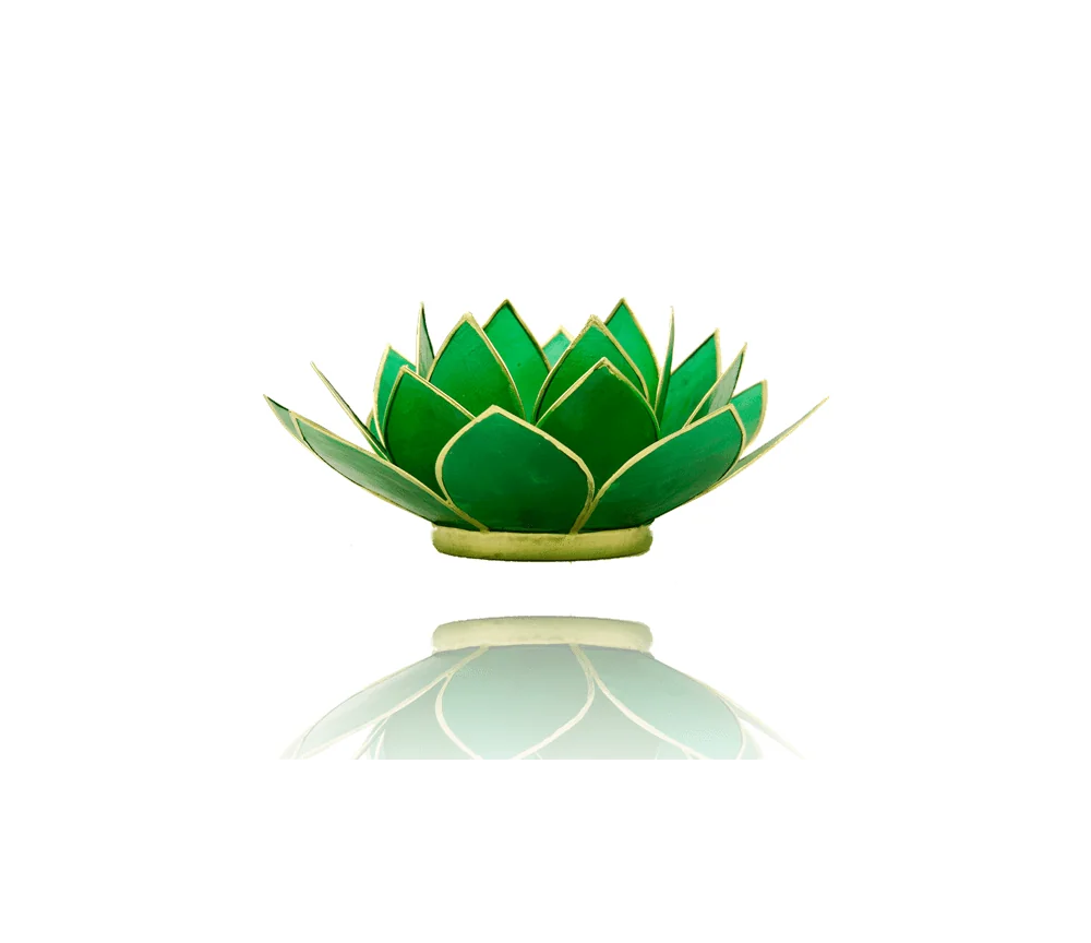 Teelichthalter - Capiz Muschel - Lotus Licht - Chakra - 4stes - Grün mit Gold - ca. 13,5x5,5 cm