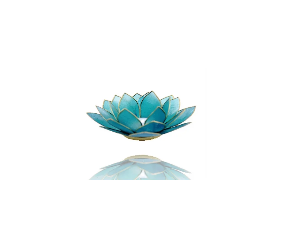 Teelichthalter - Capiz Muschel - Lotus Licht - Chakra - 5stes - Hellblau mit Gold - ca. 13,5x5,5 cm