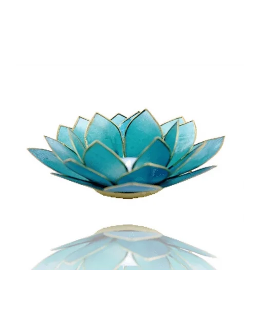 Teelichthalter - Capiz Muschel - Lotus Licht - Chakra - 5stes - Hellblau mit Gold - ca. 13,5x5,5 cm