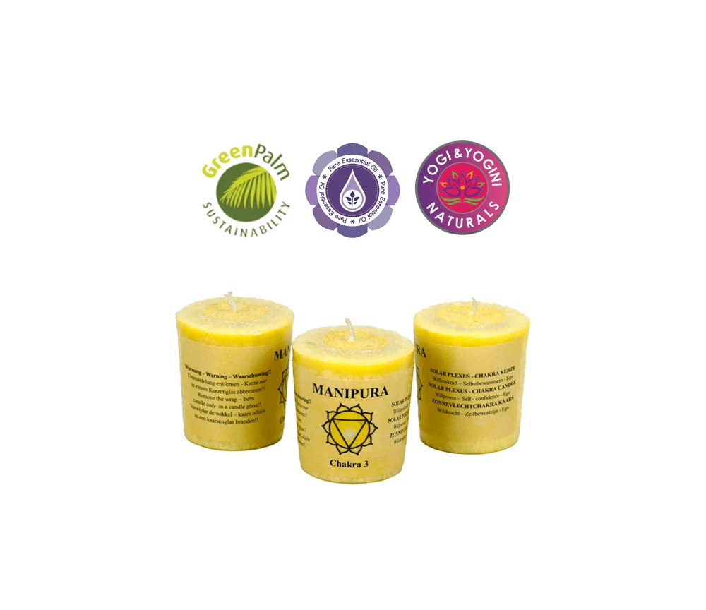 Kerze - Votiv - Chakra - 3tes - Manipura - mit Duft - Gelb - Palmkernwachs - ca. 14 Std. - ca. 4,5x4 cm