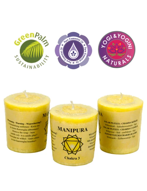 Kerze - Votiv - Chakra - 3tes - Manipura - mit Duft - Gelb - Palmkernwachs - ca. 14 Std. - ca. 4,5x4 cm