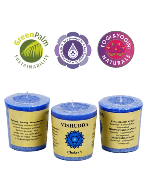 Kerze - Votiv - Chakra - 5tes - Vishudda - mit Duft - Hellblau- Palmkernwachs - ca. 14 Std. - ca. 4,5x4 cm