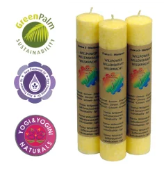 Kerze - Stabkerze dick - Chakra - 3tes - Manipura - mit Duft - Gelb - Palmkernwachs - ca. 12 Std. Std.