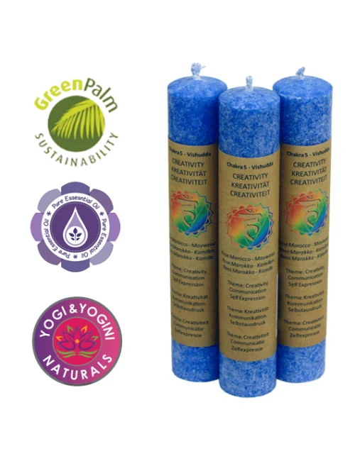 Kerze - Stabkerze dick - Chakra - 5tes - Vishudda - mit Duft - Hellblau- Palmkernwachs - ca. 12 Std. Std.