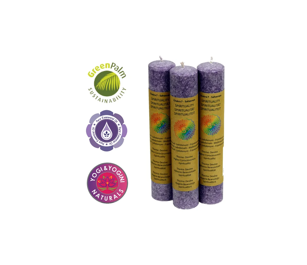 Kerze - Stabkerze dick - Chakra - 7tes - Sahasrara - mit Duft - Violett - Palmkernwachs - ca. 12 Std. Std.
