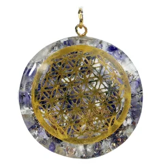 Anhänger - Orgonit - Rund - Blume des Lebens - Gold - Amethyst & Bergkristall - ca. 4cm