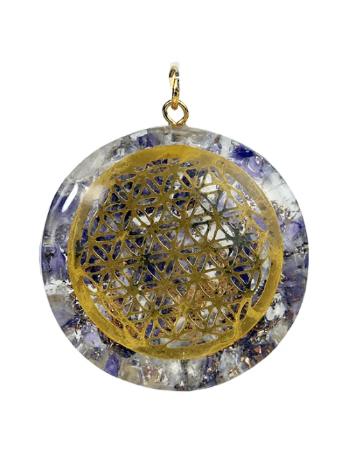 Anhänger - Orgonit - Rund - Blume des Lebens - Gold - Amethyst & Bergkristall - ca. 4cm