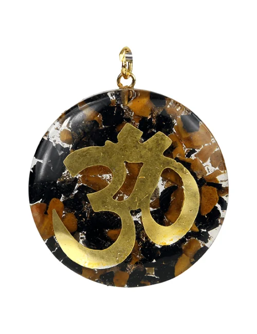 Anhänger - Orgonit - Rund - OHM Zeichen - Gold - Turmalin & Jaspis - ca. 4cm