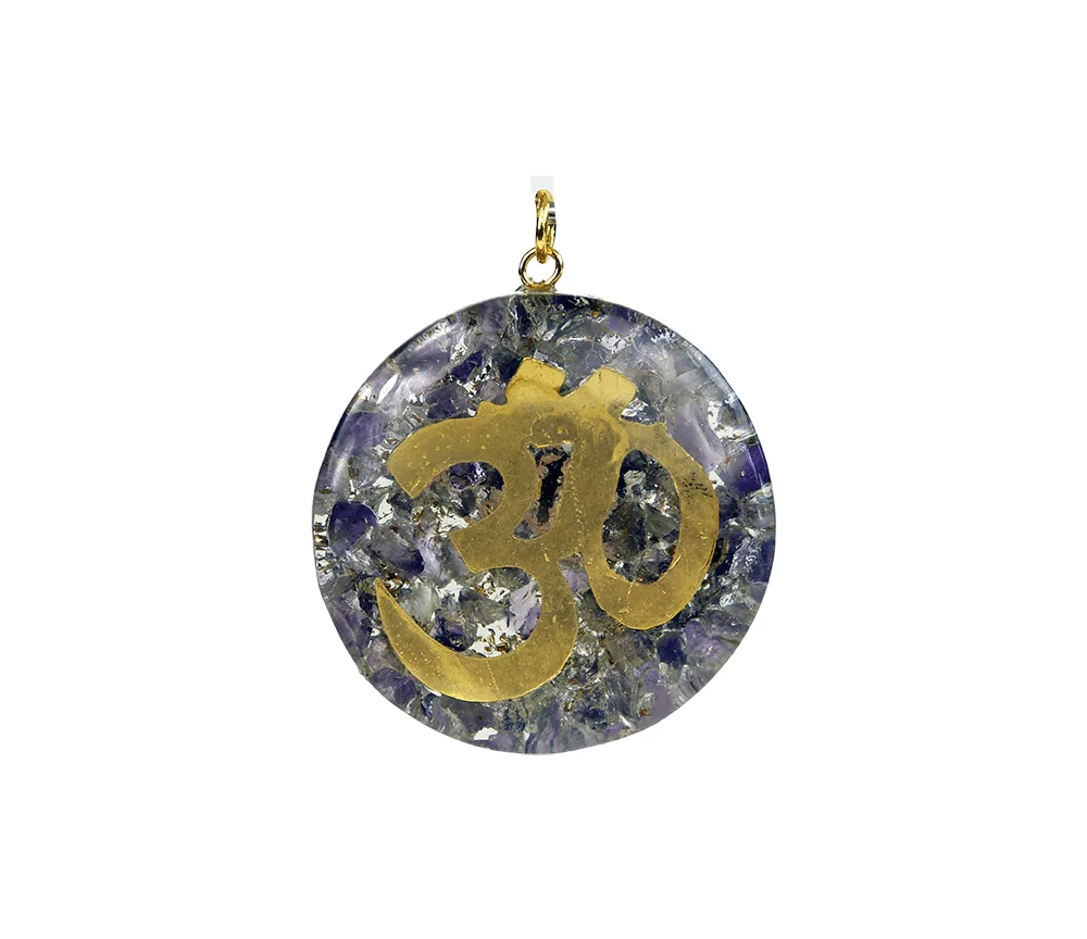 Anhänger - Orgonit - Rund - OHM Zeichen - Gold - Amethyst - ca. 4cm