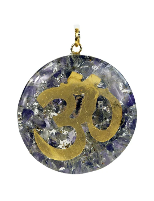 Anhänger - Orgonit - Rund - OHM Zeichen - Gold - Amethyst - ca. 4cm