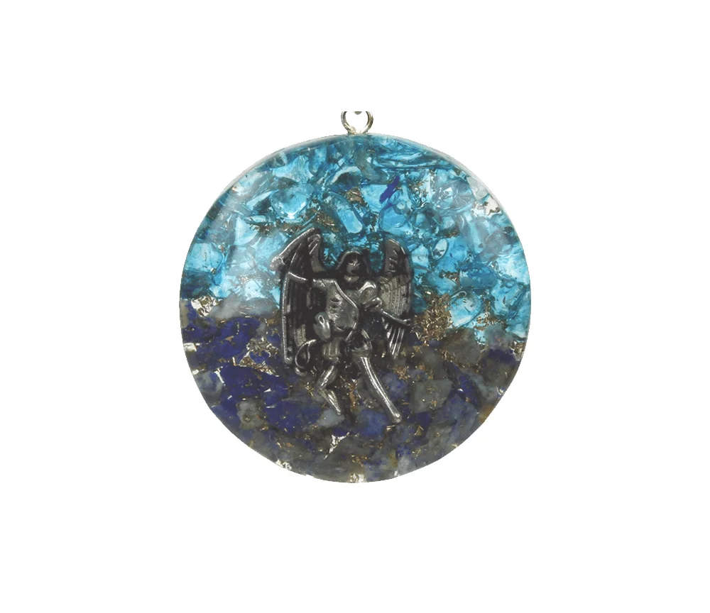 Anhänger - Orgonit - Erzengel Michael - Rund - Lapis Lazuli und Blauer Topas - ca. 4 cm