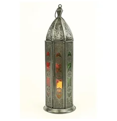 Teelichthalter - Windlicht - Orientalisch - 7 Chakren - Silber - Eisen & buntes Glas - ca. 8,5x30cm