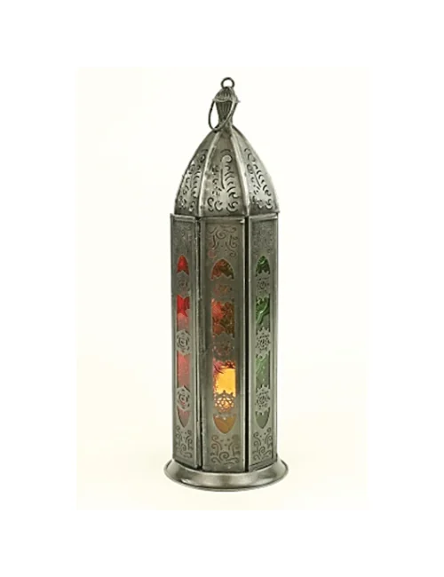Teelichthalter - Windlicht - Orientalisch - 7 Chakren - Silber - Eisen & buntes Glas - ca. 8,5x30cm