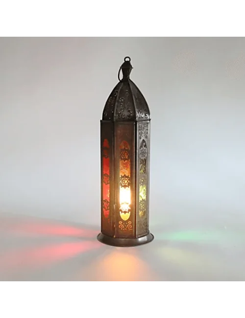 Teelichthalter - Windlicht - Orientalisch - 7 Chakren - Silber - Eisen & buntes Glas - ca. 8,5x30cm