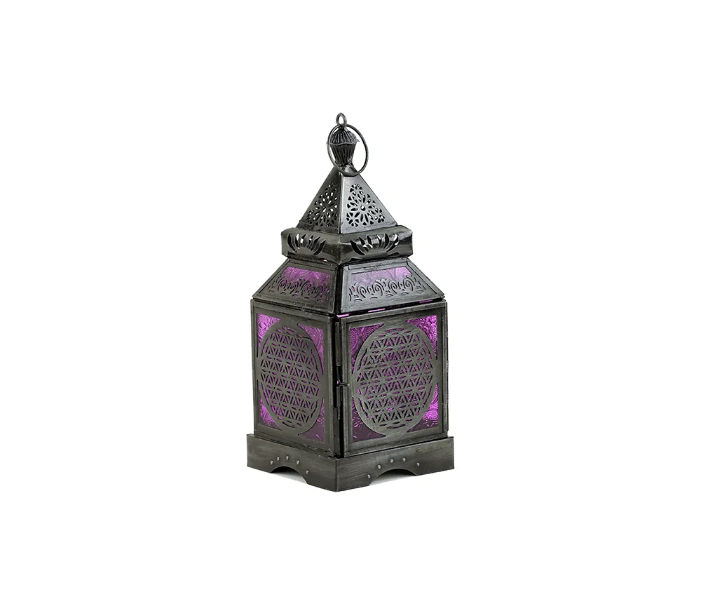 Teelichthalter - Windlicht - Orientalisch - Blume des Lebens - Silber - Eisen & buntes Glas - ca. 8,5x30cm