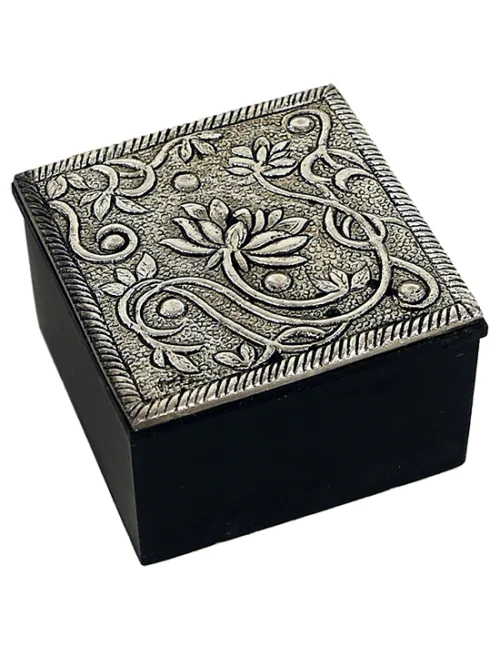 Schmuckkästchen - Aufbewahrungskästchen - Lotus - Quadratisch - Holz & Aluminium -Silber - ca. 6x6x4 cm