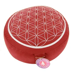 Yogi & Yogini - Kissen - Meditationskissen - Rund - Blume des Lebens - Baumwolle - Rot/Silber - ca. 33x13 cm