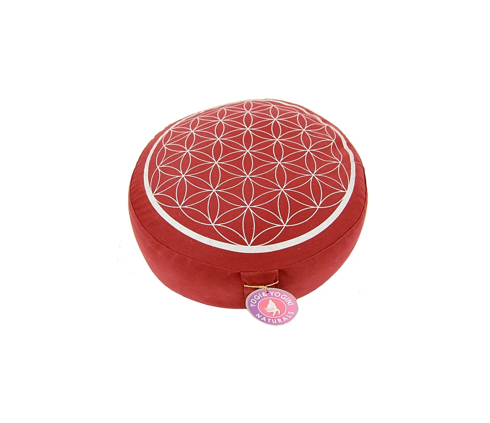 Yogi & Yogini - Kissen - Meditationskissen - Rund - Blume des Lebens - Baumwolle - Rot/Silber - ca. 33x13 cm