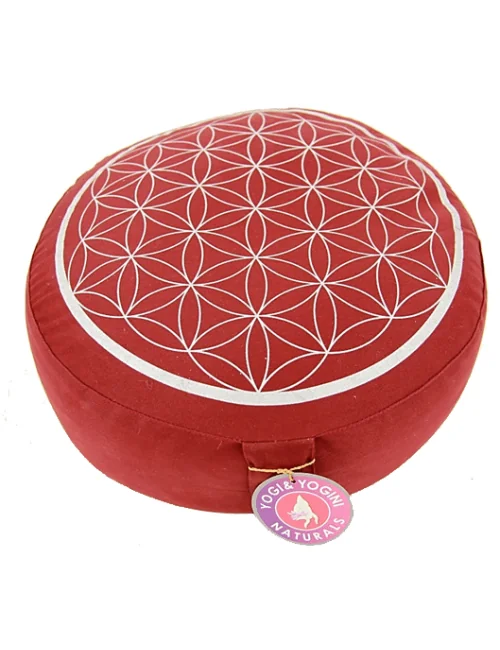 Yogi & Yogini - Kissen - Meditationskissen - Rund - Blume des Lebens - Baumwolle - Rot/Silber - ca. 33x13 cm