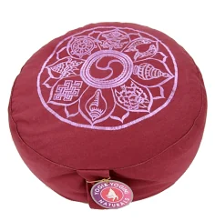 Yogi & Yogini - Kissen - Meditationskissen - Rund - 8 Glücks Symbole - Baumwolle - Hellaubergine - ca. 33x13 cm