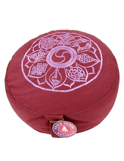 Yogi & Yogini - Kissen - Meditationskissen - Rund - 8 Glücks Symbole - Baumwolle - Hellaubergine - ca. 33x13 cm