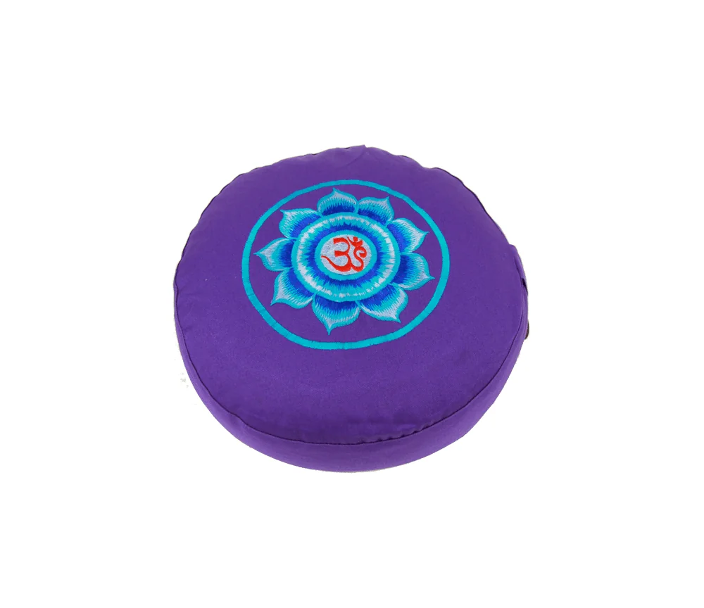 Yogi & Yogini - Kissen - Meditationskissen - Rund - Blume mit Ohm Symbol - Baumwolle - Violett - ca. 33x13 cm