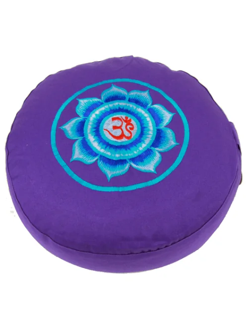 Yogi & Yogini - Kissen - Meditationskissen - Rund - Blume mit Ohm Symbol - Baumwolle - Violett - ca. 33x13 cm