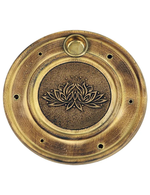 Räucherstäbchen - & Weihrauchkegel Halter - Lotus - Holz- Gold - Rund - ca. 10cm