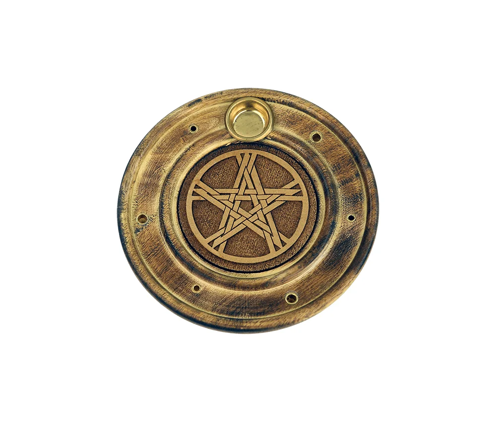 Räucherstäbchen - & Weihrauchkegel Halter - Pentagramm - Holz- Gold - Rund - ca. 10cm