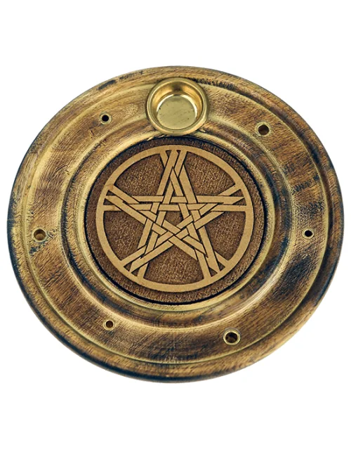 Räucherstäbchen - & Weihrauchkegel Halter - Pentagramm - Holz- Gold - Rund - ca. 10cm