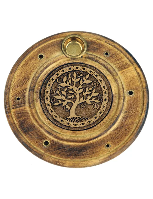 Räucherstäbchen - & Weihrauchkegel Halter - Baum des Lebens - Holz- Gold - Rund - ca. 10cm