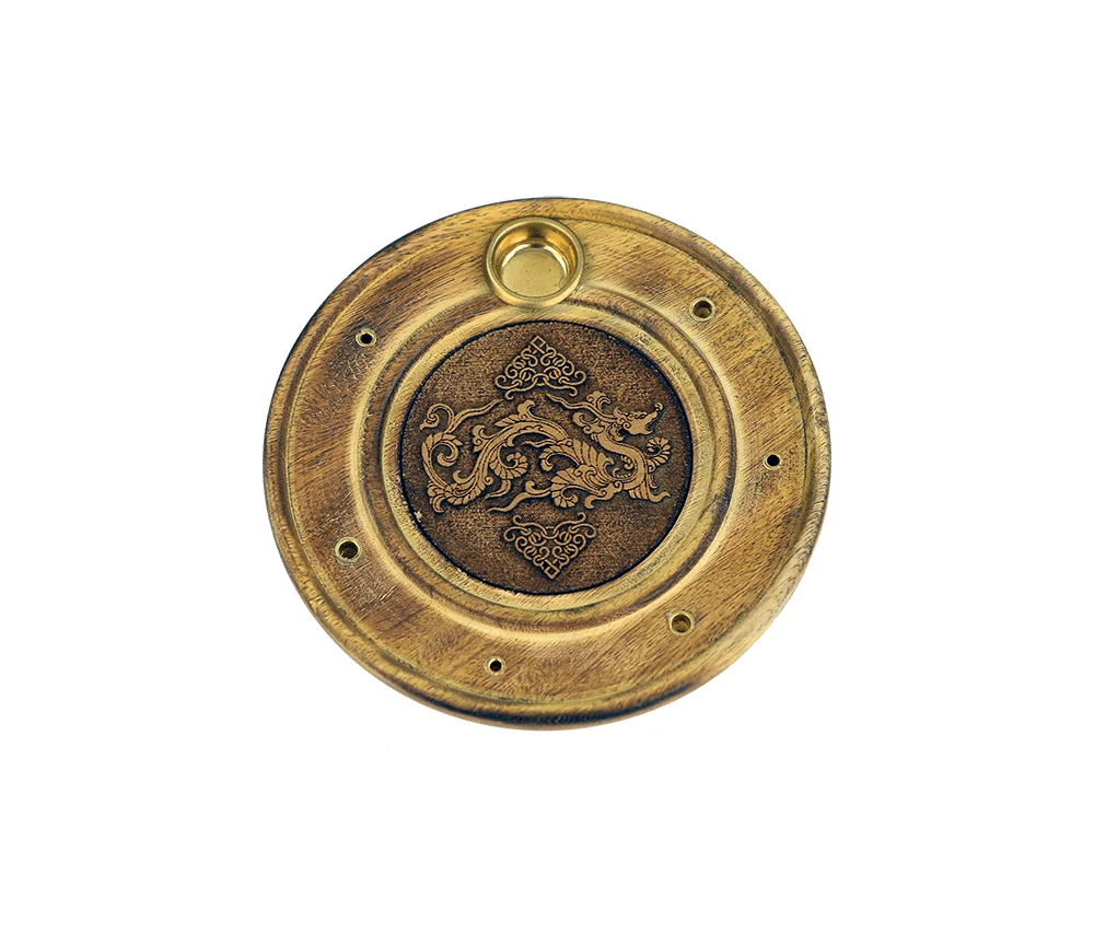 Räucherstäbchen - & Weihrauchkegel Halter - Drachen - Holz- Gold - Rund - ca. 10cm