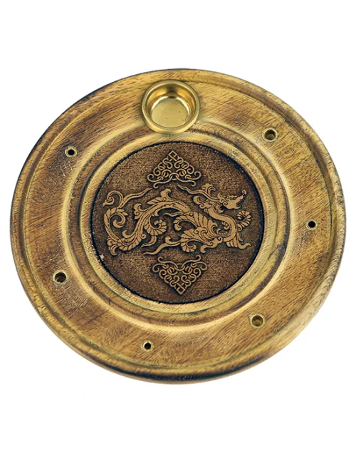 Räucherstäbchen - & Weihrauchkegel Halter - Drachen - Holz- Gold - Rund - ca. 10cm