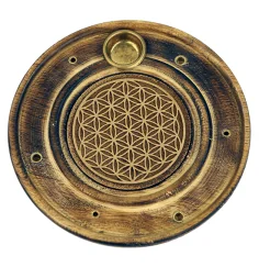 Räucherstäbchen - & Weihrauchkegel Halter - Blume des Lebens - Holz- Gold - Rund - ca. 10cm
