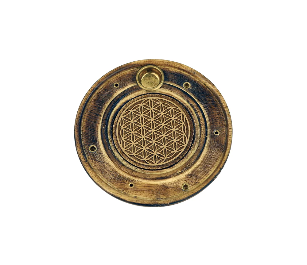 Räucherstäbchen - & Weihrauchkegel Halter - Blume des Lebens - Holz- Gold - Rund - ca. 10cm