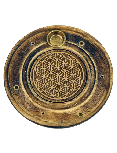 Räucherstäbchen - & Weihrauchkegel Halter - Blume des Lebens - Holz- Gold - Rund - ca. 10cm