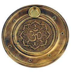 Räucherstäbchen - & Weihrauchkegel Halter - Ohm - Holz- Gold - Rund - ca. 10cm