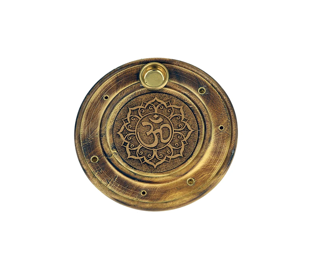 Räucherstäbchen - & Weihrauchkegel Halter - Ohm - Holz- Gold - Rund - ca. 10cm