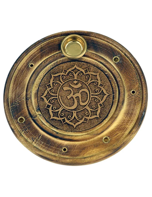 Räucherstäbchen - & Weihrauchkegel Halter - Ohm - Holz- Gold - Rund - ca. 10cm