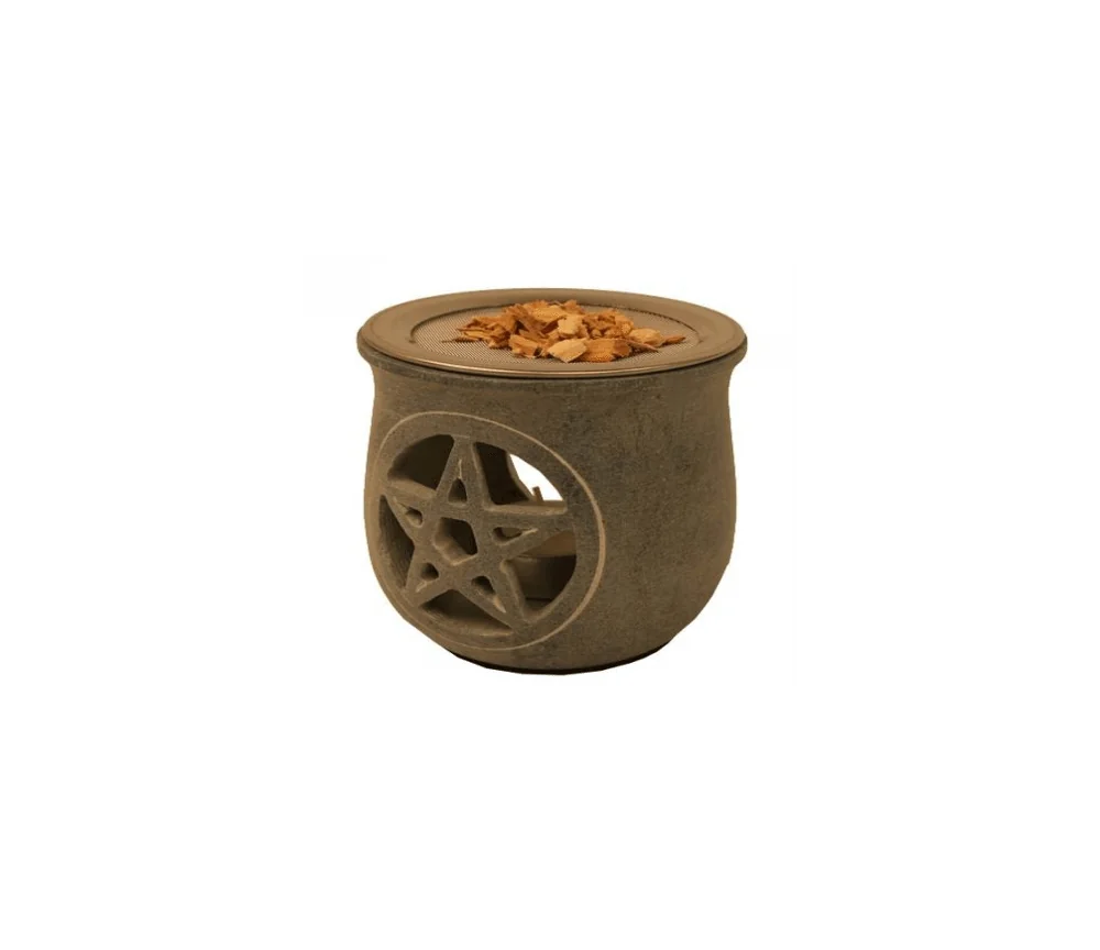 Räuchergefäß - Pentagramm - mit Sieb für Teelicht - Speckstein - grau - ca. 8,5x9cm