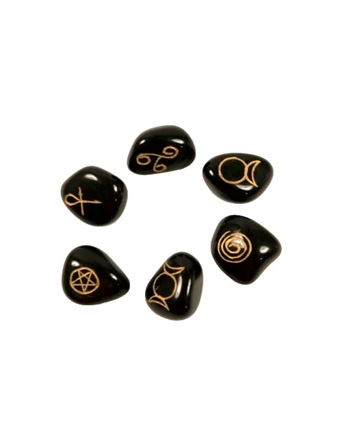 Edelstein / Heilstein - Set aus 6 Wicca Steinen - Schwarzer Achat - Gold - ca. 3,3x2,3cm