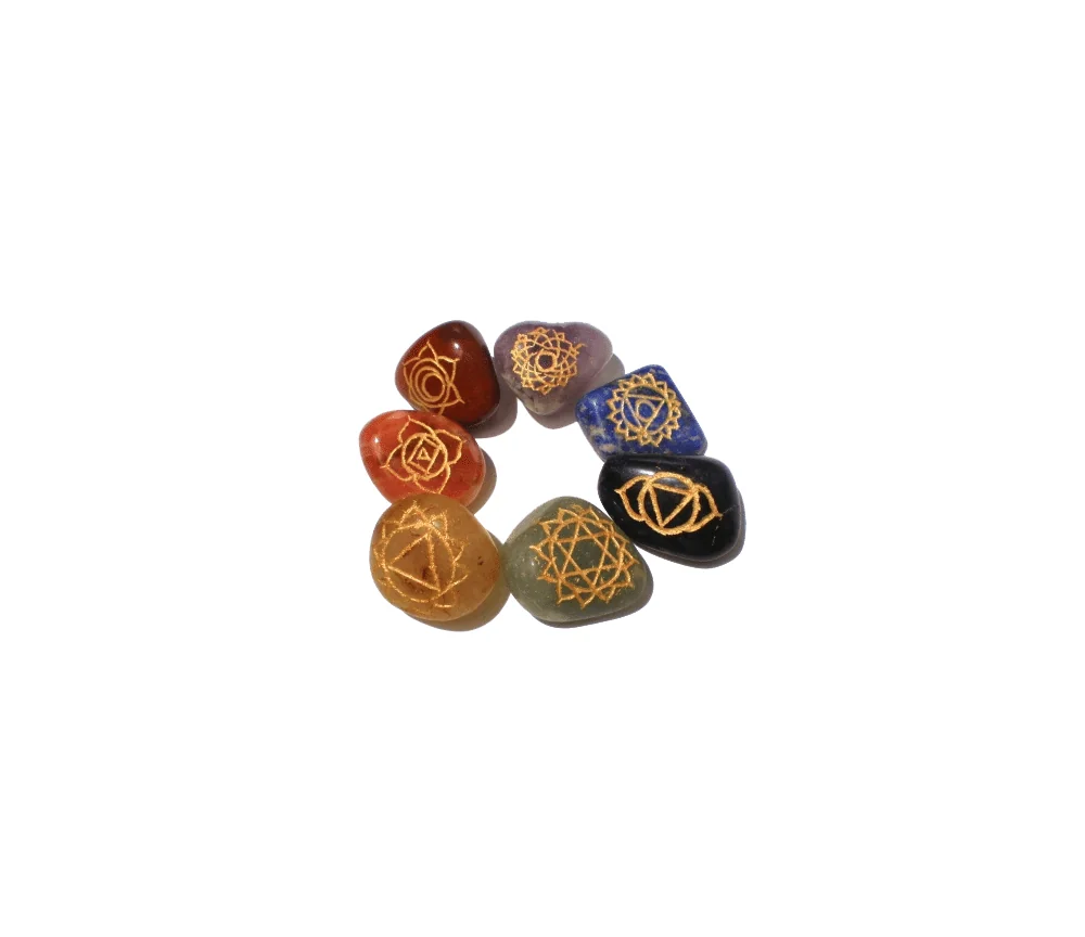 Edelstein / Heilstein - Set aus 7 Chakra Steinen mit goldenen Sanskrit Zeichen - ca. 1,5-2,5cm